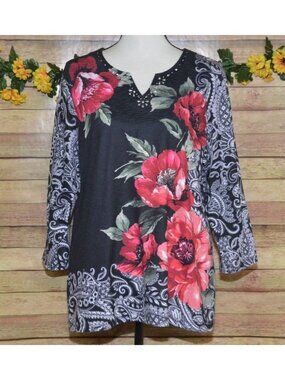 Alfred Dunner Ladies M Knit Top Tunic Black & Red Floral V-Neck Pullover Blouse